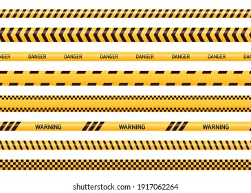 Caution and danger tapes in yellow and black color. Police attention line or under construction ribbon, warning signs collection isolated on white background