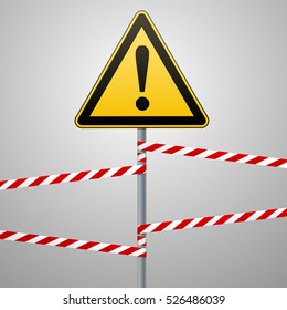 Precaución - ¡peligro! Advertencia de seguridad. Un triángulo amarillo con una imagen negra. El cartel en el poste y proteger las cintas. Imagen vectorial.