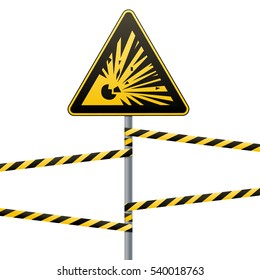 Caution - danger! Warning sign safety. Explosive substances. A yellow triangle with a black image. The sign on the pole and protecting ribbons. Vector Image.
