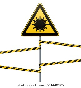 Caution - danger! Warning sign safety. Danger, laser radiation. yellow triangle with black image.  sign on  pole and protecting ribbons. Vector Image.