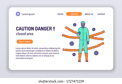Caution danger web banner. Closed area. Isolated cartoon character on a white background. Concept for web page, presentation, smm, ad, site. Vector illustration. UX UI GUI design