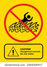 Caution dangerous current. Do not swim on water banner sign illustration icon isolated on vertical yellow background. Simple flat drawing for poster prints and web icons.