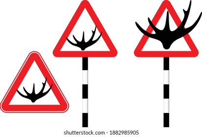 Caution deer on the road. Silhouette logo sign. Vector illustration. Humor. Horn road sign in red triangle