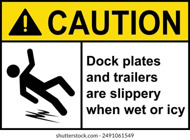 Caution dock plates and trailers are sign with symbol. Hazard slippery surface wet floor sign. Wet or icy Floor sign