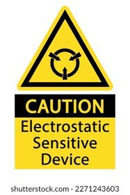 Caution, electrostatic sensitive device. Warning yellow triangle sign with symbol and text below.