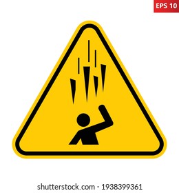 Caution falling ice spikes sign. Vector illustration of yellow triangle warning sign with human figure underneath falling ice. Risk of injury from icicles. Avoid areas where ice falls. Dangerous zone.