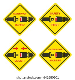 Caution with fasten your seat belt text yellow sign isolated - vector icon set