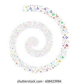 Caution fireworks burst spiral. Vector illustration style is flat bright multicolored scattered symbols. Object twirl created from scattered icons.