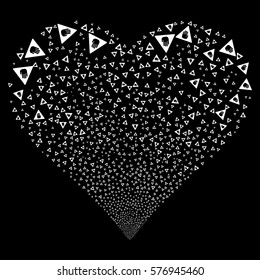 Caution fireworks with heart shape. Vector illustration style is flat white iconic symbols on a black background. Object stream created from random symbols.