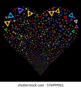 Caution fireworks with heart shape. Vector illustration style is flat bright multicolored iconic symbols on a black background. Object valentine heart done from scattered pictographs.