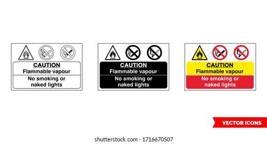 Caution flammable vapour no smoking or naked lights fire prevention and explosive hazard sign icon of 3 types: color, black and white, outline. Isolated vector sign symbol.