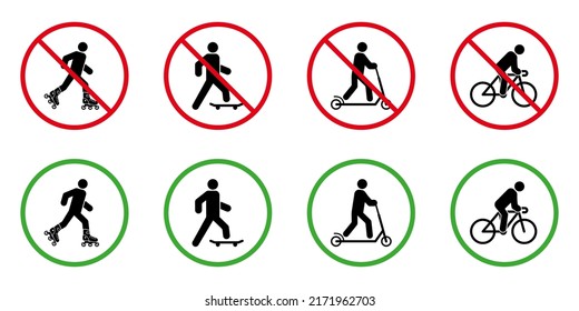 Caution Forbid Rollerskate Skateboard Bike Kick Scooter Pictogram Set. No Allow Wheel Eco Transport Sign. Permit Roller Skate Board Bicycle Kick Scooter Green Icon. Isolated Vector Illustration.