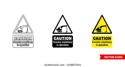 Maquinaria silvícola en funcionamiento Icono de peligro de 3 tipos: color, blanco y negro, contorno. Símbolo vectorial aislado.