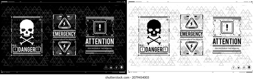 Caution futuristic ski-fi UI design elements in modern technology style. Warning and alert attention signs. Lettering with futuristic user interface elements. Conceptual Layout with HUD elements.