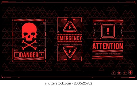 Caution futuristic ski-fi UI design elements in modern technology style. Warning and alert attention signs. Conceptual Layout with HUD elements. Lettering with futuristic user interface elements.