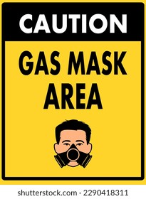 caution gas mask area sign inside a yellow rectangle with black writing