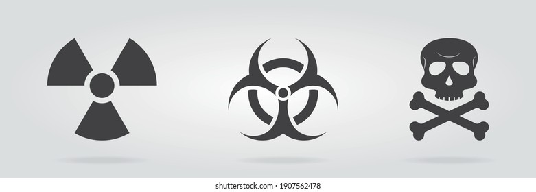 Vorsicht Gefahrensymbol. Warnung vor Strahlung bio-toxischen Symbol. Aufmerksamkeitssymbol auf grauem Hintergrund. Vektorgrafik