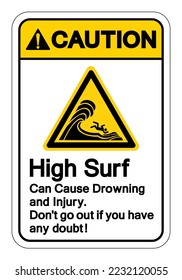 Caution High Surf Can Cause Drowning and Injury Symbol Sign, Vector Illustration, Isolate On White Background Label. EPS10