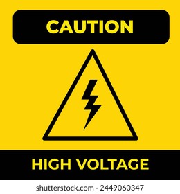 Caution high voltage electricity warning yellow triangle sign age sticker poster vector illustration isolated on square background. Simple flat cartoon styled drawing.