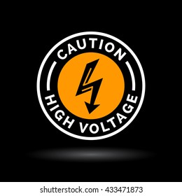 Caution high voltage sign with electrical arrow flash bolt icon. Orange sign on black background. Vector illustration.