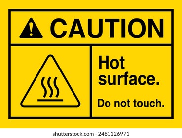 Señal de la superficie caliente de la precaución, No toque la señal, Vector de la señal caliente, Ilustración vectorial de la señal de la superficie caliente, Advertencia sobre la superficie caliente, El contacto puede causar quemaduras, Por delante que indica el riesgo de lesiones por quemaduras presentes.