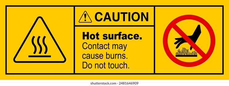 Señal de la superficie caliente de la precaución, No toque la señal, Vector de la señal caliente, Ilustración vectorial de la señal de la superficie caliente, Advertencia sobre la superficie caliente, El contacto puede causar quemaduras, Por delante que indica el riesgo de lesiones por quemaduras presentes.