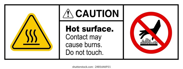 Señal de la superficie caliente de la precaución, No toque la señal, Vector de la señal caliente, Ilustración vectorial de la señal de la superficie caliente, Advertencia sobre la superficie caliente, El contacto puede causar quemaduras, Por delante que indica el riesgo de lesiones por quemaduras presentes.