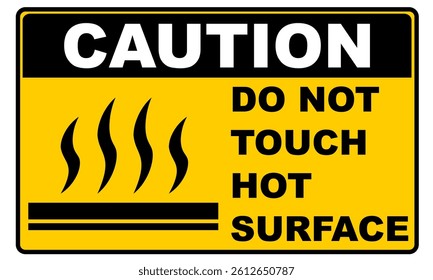 Caution hot surface yellow sign printable for sticker or placard set horizontal. Signage kitchen area vector illustration
