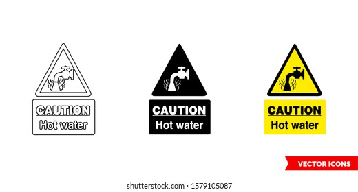 Caution hot water food safety hazard sign icon of 3 types: color, black and white, outline. Isolated vector sign symbol.