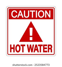 Precaución: agua caliente, señal de advertencia con símbolo de triángulo y signo de exclamación en el medio y textos en la parte superior e inferior. Forma cuadrada, colores rojo y blanco.