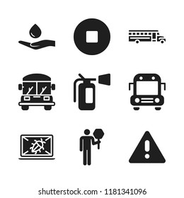 caution icon. 9 caution vector icons set. road sign, fire extinguisher and school bus icons for web and design about caution theme