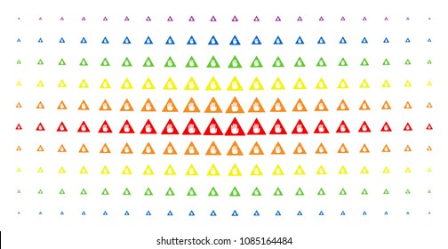 Caution icon rainbow colored halftone pattern. Vector caution shapes are arranged into halftone grid with vertical spectral gradient. Constructed for backgrounds, covers,