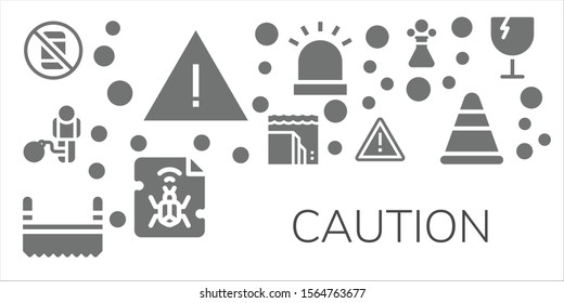 caution icon set. 11 filled caution icons.  Collection Of - No phone, Alert, Restriction, Landslide, Saw, Warning, Siren, Malware, Poison, Cone, Fragile icons
