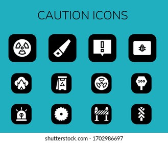 caution icon set. 12 filled caution icons. Included Radiation, Dangerous, Siren, Saw, Danger, Alert, Radioactive, Barrier, Spam, Road sign icons
