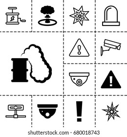 Caution icon. set of 13 filled and outline caution icons such as security camera, explosion, smoking can, siren, warning, dynamite, explode, exclamation point