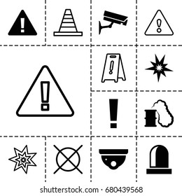Caution icon. set of 13 filled and outline caution icons such as security camera, siren, smoking can, explode, wet floor, no dry cleaning, cone, warning, explosion