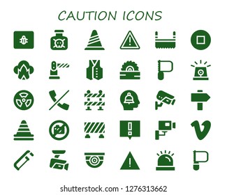  caution icon set. 30 filled caution icons. Simple modern icons about  - Spam, Toxic, Cone, Warning, Saw, Stop, Dangerous, Barrier, Vest, Siren, Radioactive, No calls, Alert, Cctv