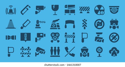 caution icon set. 32 filled caution icons. on blue background style Simple modern icons about  - Siren, Cone, Seat belt, Saw, Alert, Barrier, Cctv, Fragile, Nuclear, Gas mask