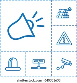 Caution icon. set of 6 caution outline icons such as security camera, warning, siren, dynamite