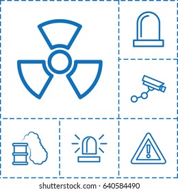 Caution icon. set of 6 caution outline icons such as siren, security camera, warning, radiation