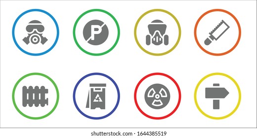 caution icon set. 8 filled caution icons. Included Gas mask, Radiator, No parking, Danger, Radiation, Saw, Sign icons