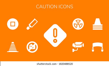 caution icon set. 9 filled caution icons.  Simple modern icons such as: Danger, No photo, Saw, Cone, Stop, Surveillance, Radioactive