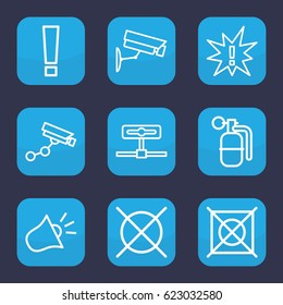 Caution icon. set of 9 outline caution icons such as Security camera, no dry cleaning, siren, security camera, dynamite, exclamation, camera