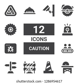 caution icon set. Collection of 12 filled caution icons included Saw, Traffic cone, Traffic barriers, Road sign, Walkway, Infected, Siren, Helmet, Landslide, Security camera