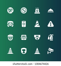 caution icon set. Collection of 16 filled caution icons included Cctv, Cone, Headgear, Extinguisher, Litter box, Warning, Traffic cone, Gas mask, Helmet, Siren, Forbidden, No weapons