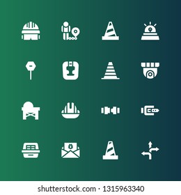 caution icon set. Collection of 16 filled caution icons included Road sign, Traffic cone, Malware, Litter box, Belt, Safety belt, Helmet, Saw, Cctv, Cone, Headgear, Stop, Siren