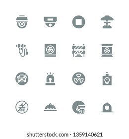 caution icon set. Collection of 16 filled caution icons included Helmet, No sweets, Poison, Nuclear, Siren, No parking, Radioactive, Traffic barriers, Radioactivity, Ear protection