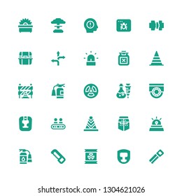caution icon set. Collection of 25 filled caution icons included Saw, Headgear, Radioactive, Extinguisher, Siren, Helmet, Cone, Walkway, Cctv, Poison, Radiation, Traffic barriers