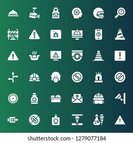 caution icon set. Collection of 36 filled caution icons included Alert, Poison, Laser, No weapons, Belt, Security camera, Helmet, Malware, Saw, Banned, Siren, Forbidden, Gas mask