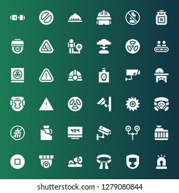 caution icon set. Collection of 36 filled caution icons included Siren, Headgear, Belt, Ambulance lights, Cctv, Stop, Radiator, Road sign, Error, Laser, No sweets, Gas mask, Saw
